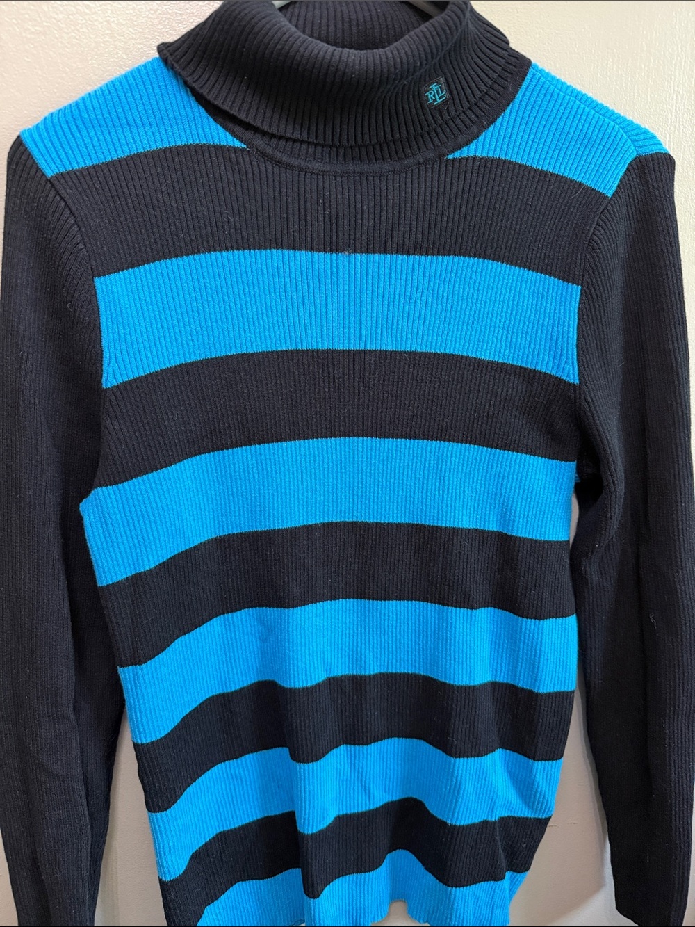 Ralph Lauren Black and Bright Blue Striped Turtleneck Sweater